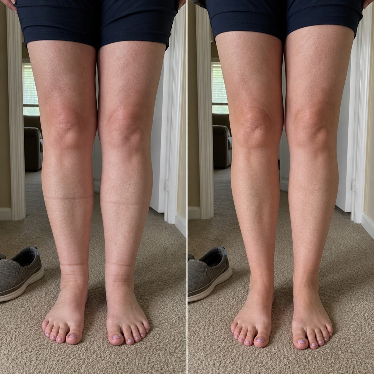 Modeled comparison of the same woman's lower legs with deeper and lighter sock marks