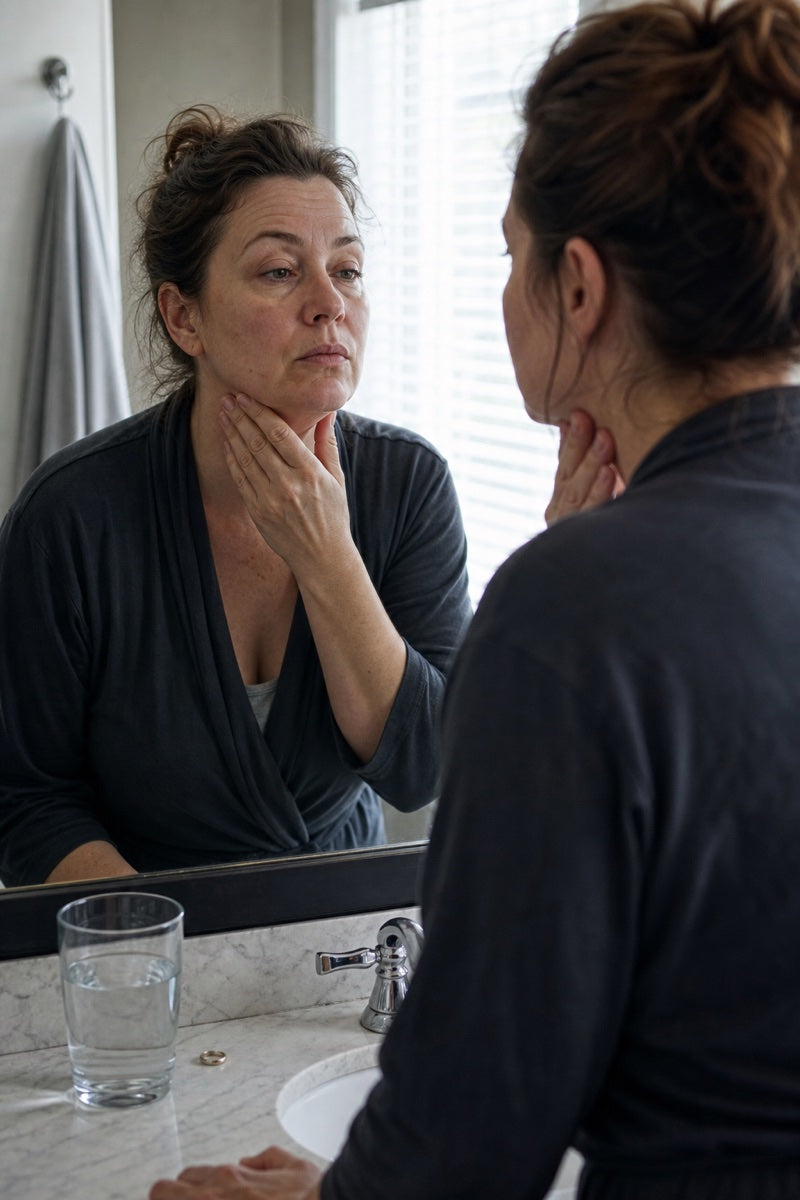 Woman examining visible puffiness around her jawline in a bathroom mirror