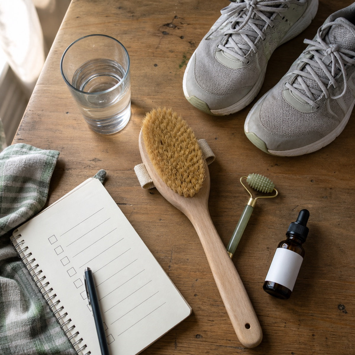 Walking shoes, water, dry brush, facial roller, and botanical dropper arranged for an at-home routine comparison