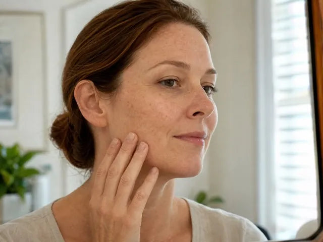 Woman examining her face in soft morning light