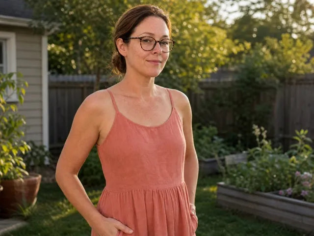 Woman standing comfortably in her backyard garden