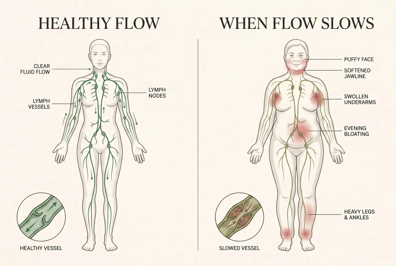 Side-by-side lymphatic flow diagram comparing healthy flow with slowed flow and related areas of puffiness, bloating, and heavy legs.