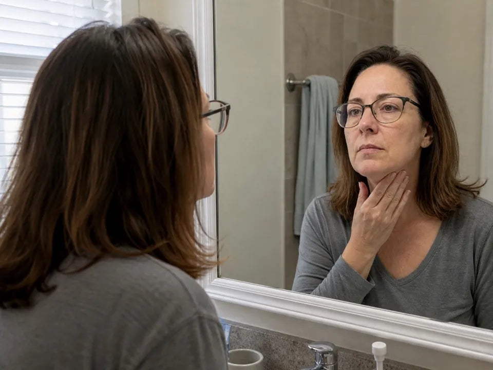 Woman checking the area beneath her jaw in the bathroom mirror