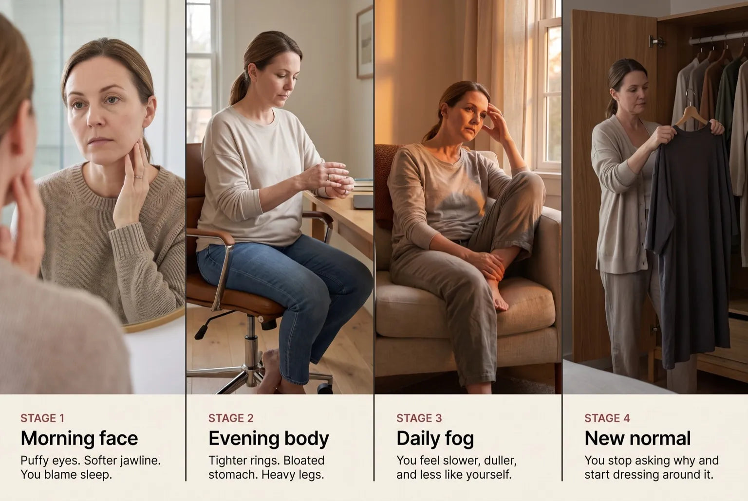 Four-stage editorial progression: morning facial puffiness, afternoon heaviness, daily fog, and dressing around a new normal.