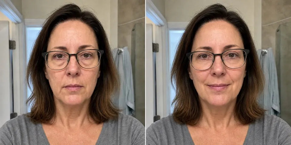 Illustrative comparison of Nicole with more visible morning puffiness and a more defined facial appearance