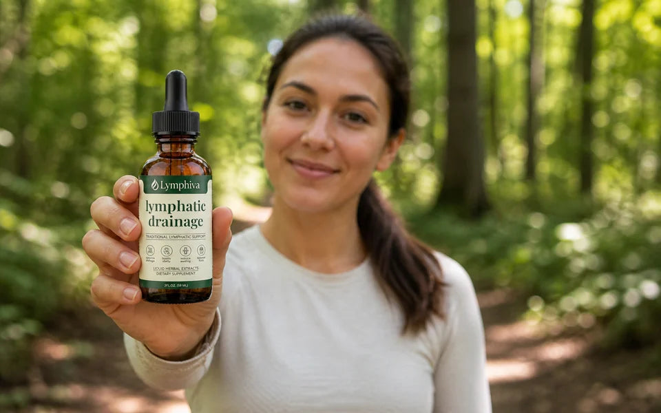 Woman holding a Lymphiva lymphatic drainage bottle on a sunlit woodland trail