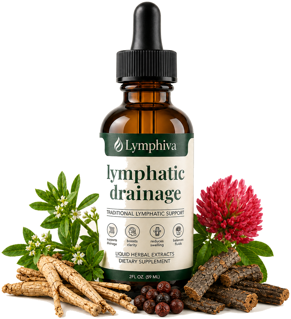 Lymphiva lymphatic drainage bottle surrounded by botanical ingredients