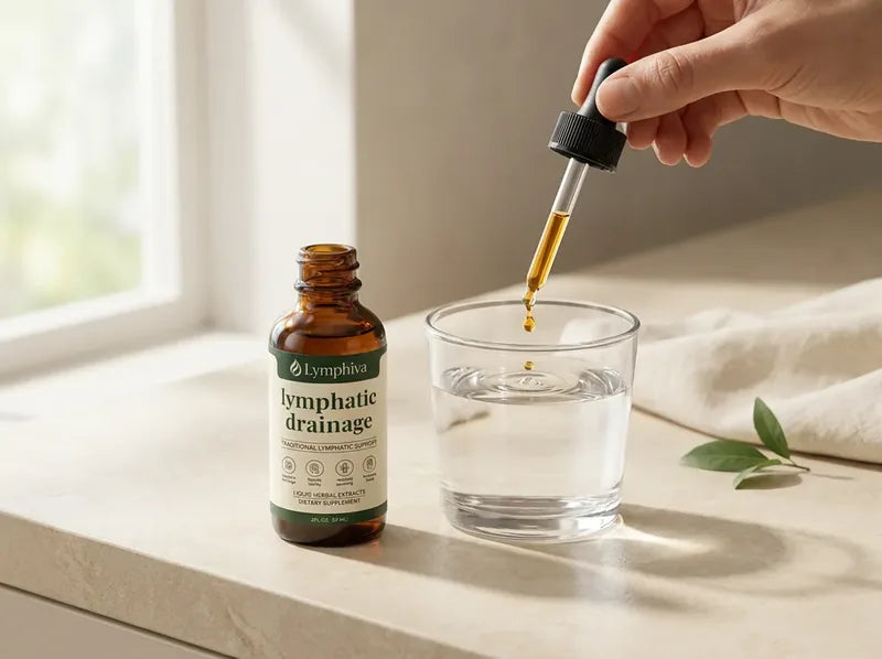Lymphiva drops being added to a glass of water beside the bottle