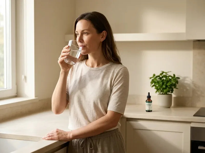 A woman drinking her morning glass of water beside a bottle of Lymphiva