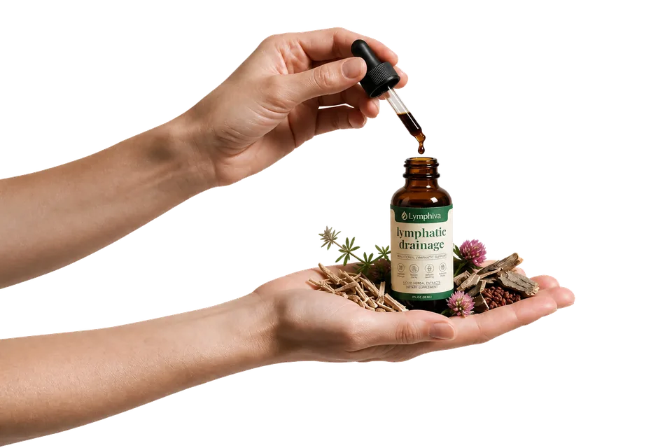 Hands holding an open Lymphiva bottle with a dropper and red clover blossoms